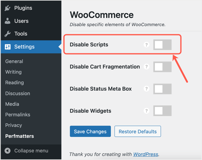 Disable WooCommerce in Perfmatters