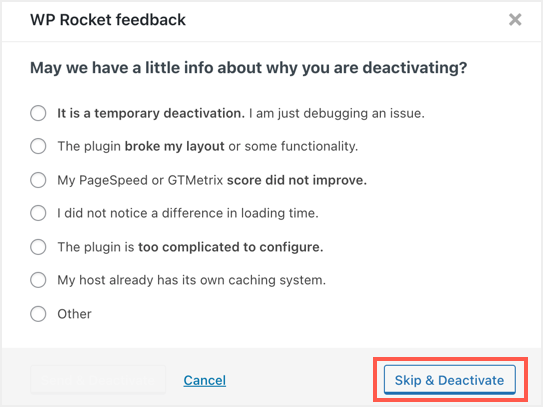 Deactivate WP Rocket Plugin