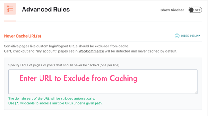 Enter the URL to exclude from caching