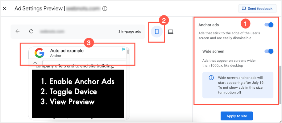 Anchor ad preview on mobile devices