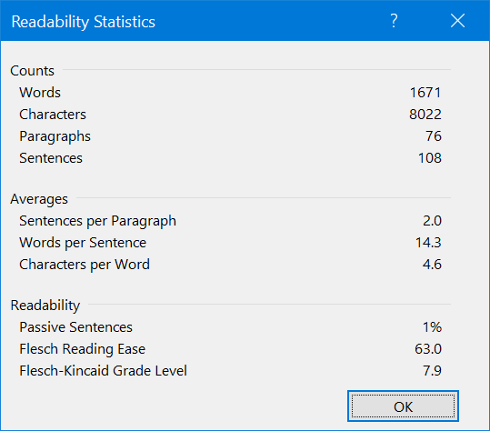 Readability statistics in a Word document