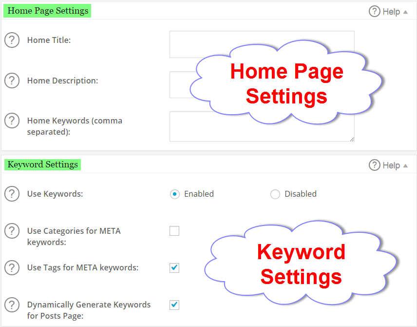SEO settings for homepage and keywords