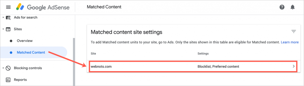 View eligible sites for advertising with recommended content