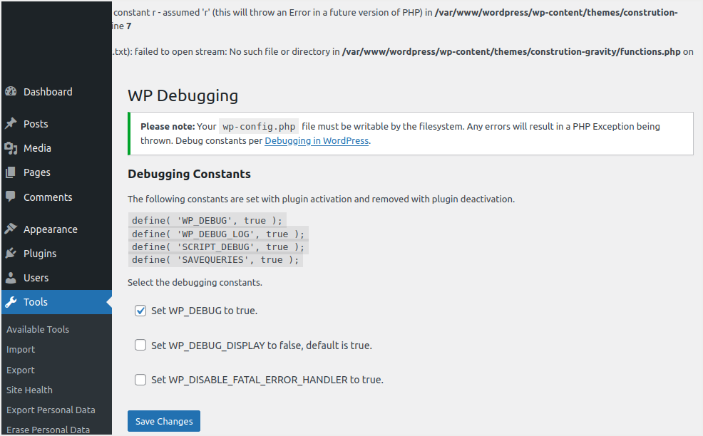 WP Debugging Plugin Settings